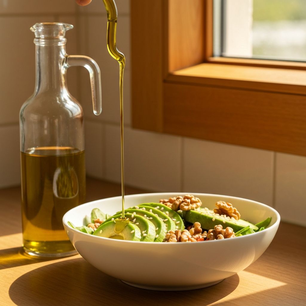 Maslinovo ulje se slijeva preko salate s voćem i orašastim plodovima
